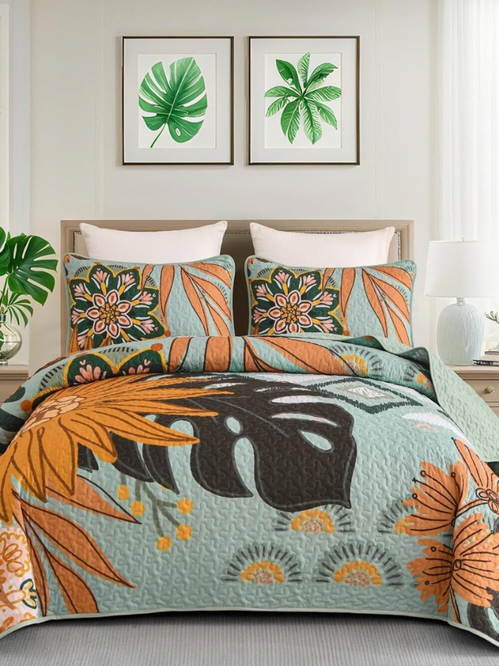 Boho Floral Quilt Set Queen Size Sage Green Bedspread Coverlet Botanical
